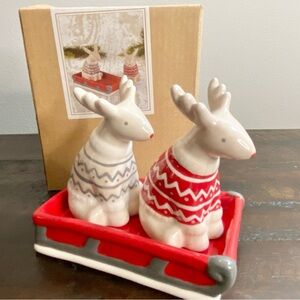 Grasslands Road Christmas Reindeer Salt & Pepper Shakers with Sled Tray NEW
